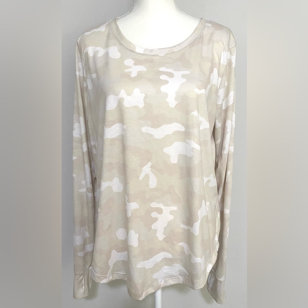 Zelos Womens XL Solid Beige White Camo Long Sleeve Crewneck Top Boho Streetwear - Picture 5 of 12